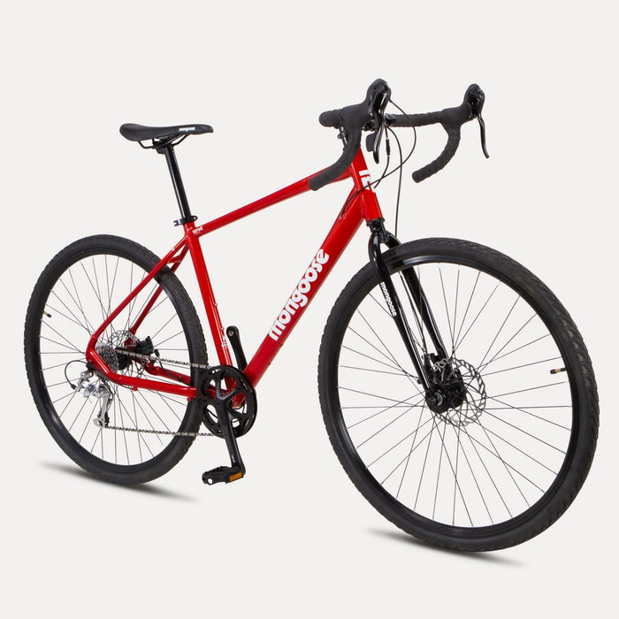 Mongoose Define PRO rower szosowy dla dorosłych, 10-biegowy, hamulec tarczowy, 19-calowa rama aluminiowa, opony 700C, czerwony Mongoose 