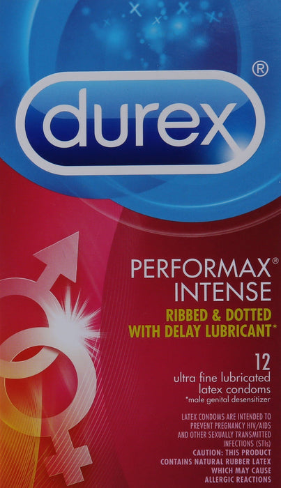 Durex Condom Performax Intense Natural Latex Condoms, 12 Count - Ultra Fine, ribbed, dotted with delay lubricant Condom Durex 