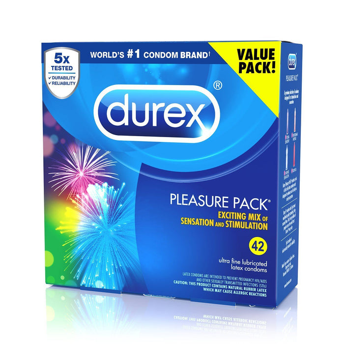 Durex Condom Pleasure Pack Assorted Natural Latex Condoms, 42 Count - an exciting Mix of Sensation and Stimulation Condom Durex 