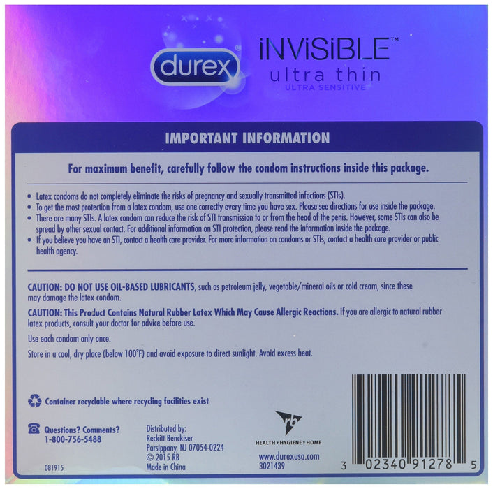 Durex Condom Invisible Ultra Thin Natural Latex Condoms, 16 Count - Ultra Senstive, Lubricated, Transparent Condom Durex 