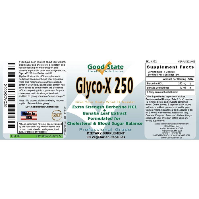 Good State Glyco-X 250 with Berberine HCL (250 mg per capsule - 90 veggie capsules total) Supplement GoodState 
