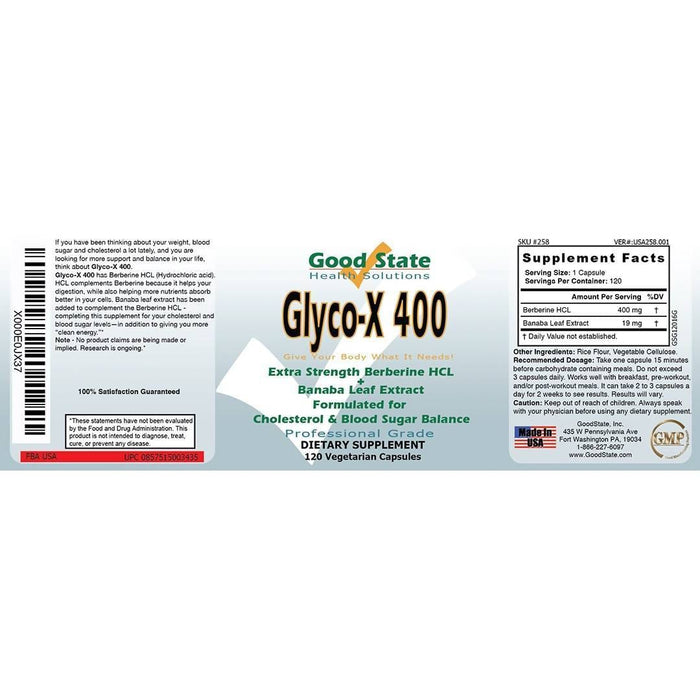 Good State Glyco-X 400 with Berberine HCL (400 mg per capsule - 120 veggie capsules total) Supplement GoodState 