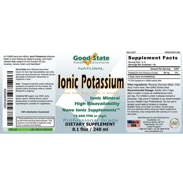 Good State Liquid Ionic Potassium (48 servings at 99mg, plus 2 mg fulvic acid - 8 fl oz) Supplement GoodState 