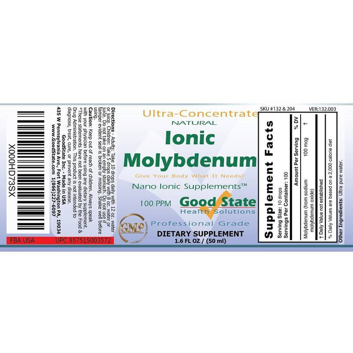 Good State Liquid Ionic Molybdenum Ultra Concentrate (10 drops equals 100 mcg - 100 servings per bottle) Supplement GoodState 