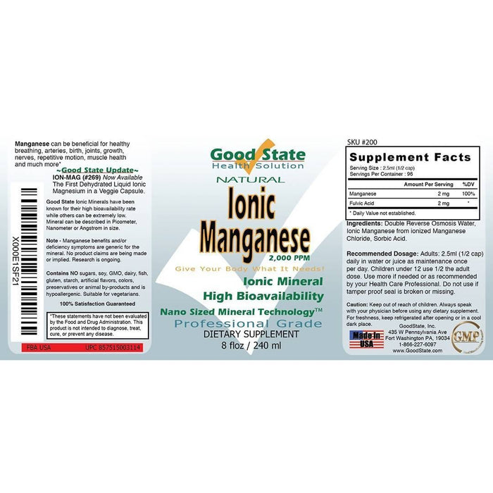 Good State Liquid Ionic Manganese (96 servings At 2mg, plus 2 mg fulvic acid - 8 fl oz) Supplement GoodState 