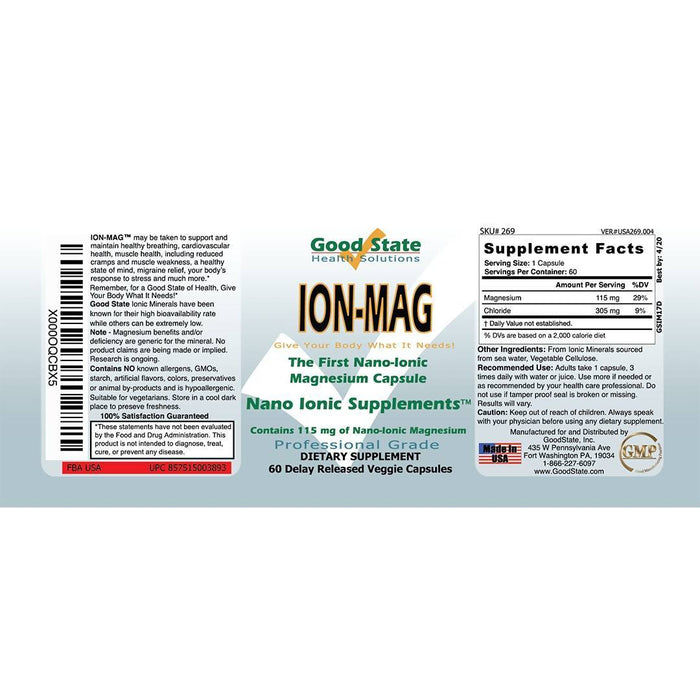 Good State ION-MAG Ionic Magnesium Capsules (115 mg per capsule - 60 veggie capsules total) Supplement Good State 