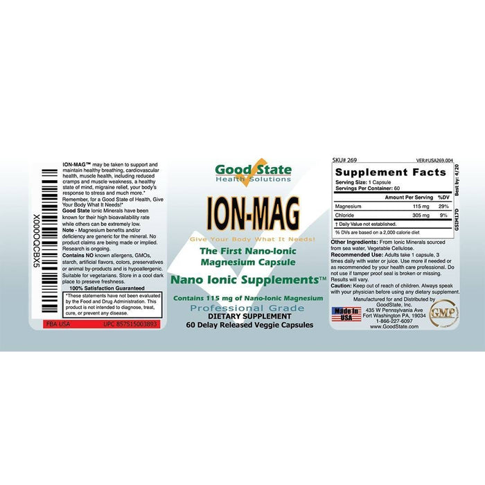 Good State ION-MAG Ionic Magnesium Capsules (115 mg per capsule - 60 veggie capsules total) Supplement GoodState 