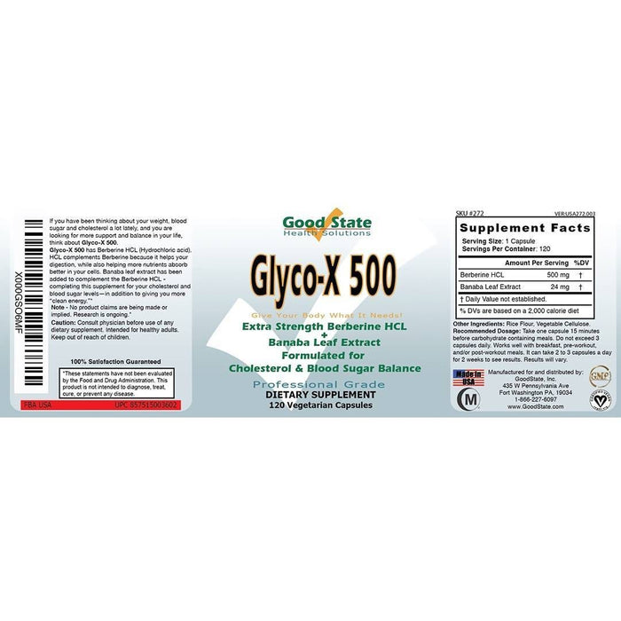 Good State Glyco-X 500 with Berberine HCL (500 mg per capsule - 120 veggie capsules total) Supplement GoodState 