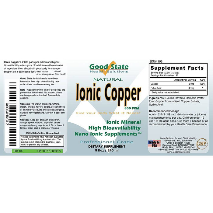 Good State Liquid Ionic Copper (96 servings at 2mg each, plus 2 mg fulvic acid - 8 fl oz) Supplement Good State 