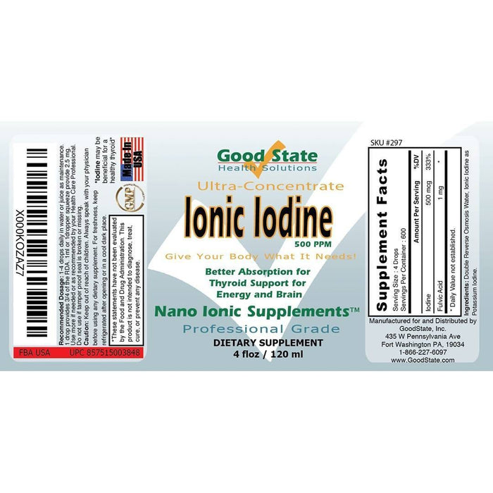 Good State Liquid Ionic Iodine (4 drops equals 500 mcg per serving, plus 2 mg fulvic acid - 600 servings - 4 fl oz) Supplement GoodState 