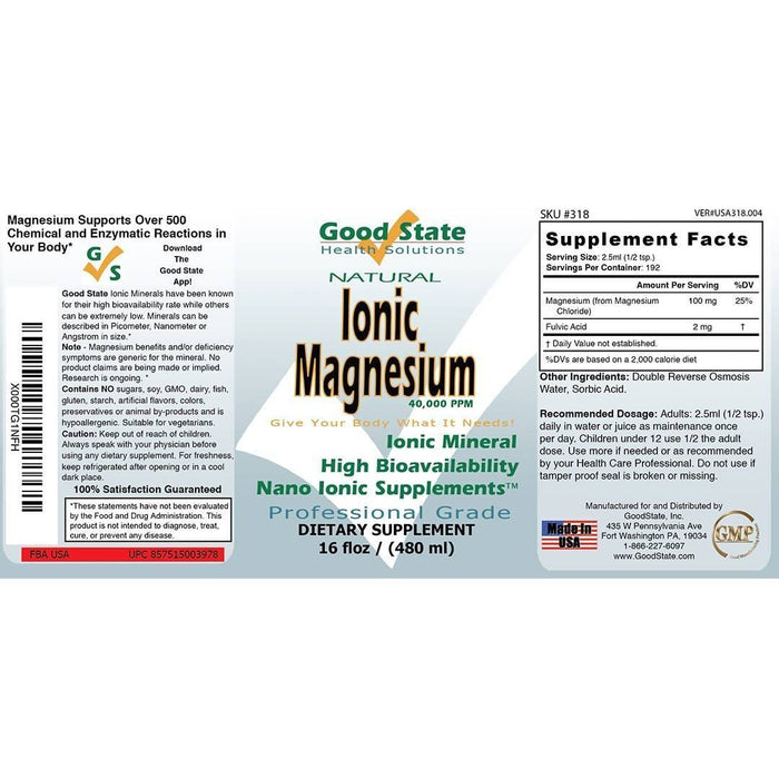 Good State Liquid Ionic Magnesium (192 servings at 100 mg elemental, plus 2 mg fulvic acid - 16 fl oz) Supplement GoodState 